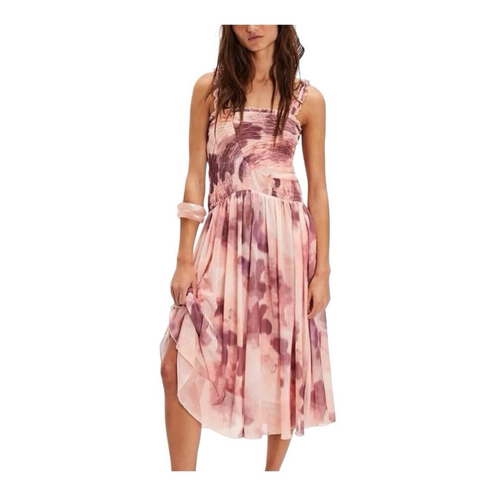 Free People Tessa Smocked Midi Dress Large Blush Pink Soft Combo Cottagecore NWT
